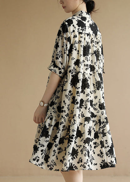 Classy Beige Peter Pan Collar Wrinkled Black Party Dress Short Sleeve