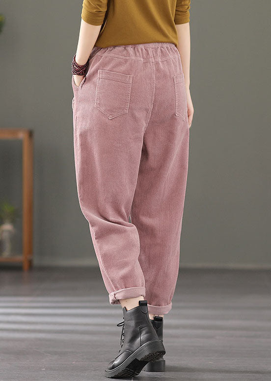 Pink Elastic Waist Pockets Patchwork Corduroy Harem Pants Spring