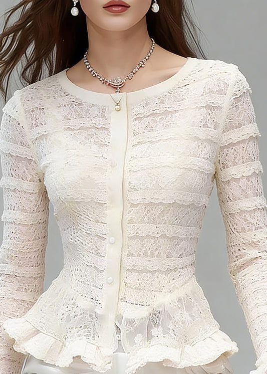 White O-neck Ruffled Patchwork Lace Tops Flare Sleeve