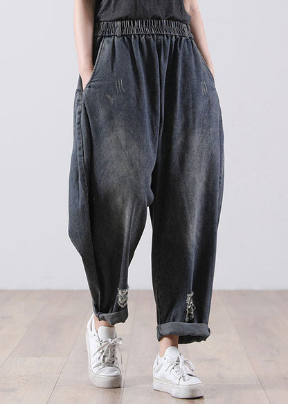 Denim Blue Elastic Waist Pockets Cotton Harem Pants Fall