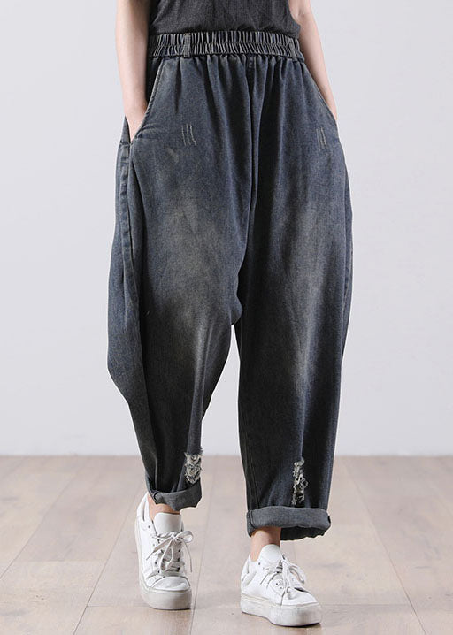 Denim Blue Elastic Waist Pockets Cotton Harem Pants Fall