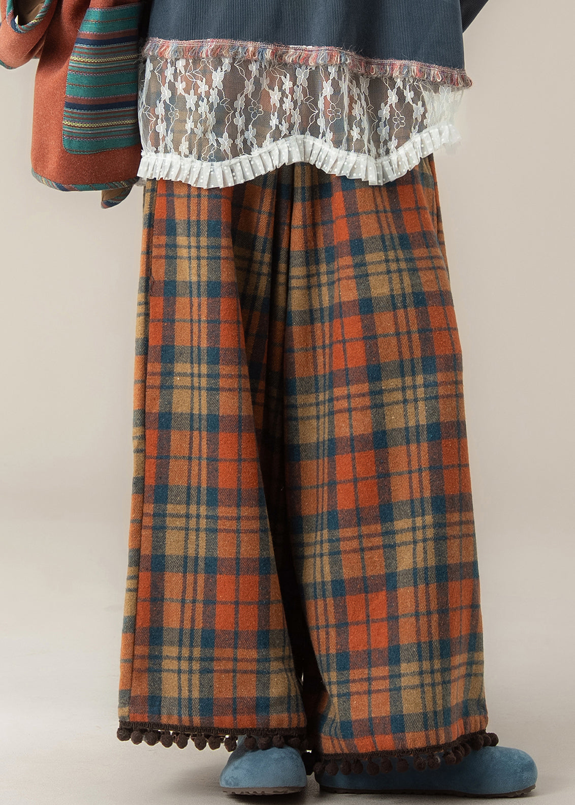 Novelty Red Plaid Pockets Tassel Wide Leg Pants Spring
