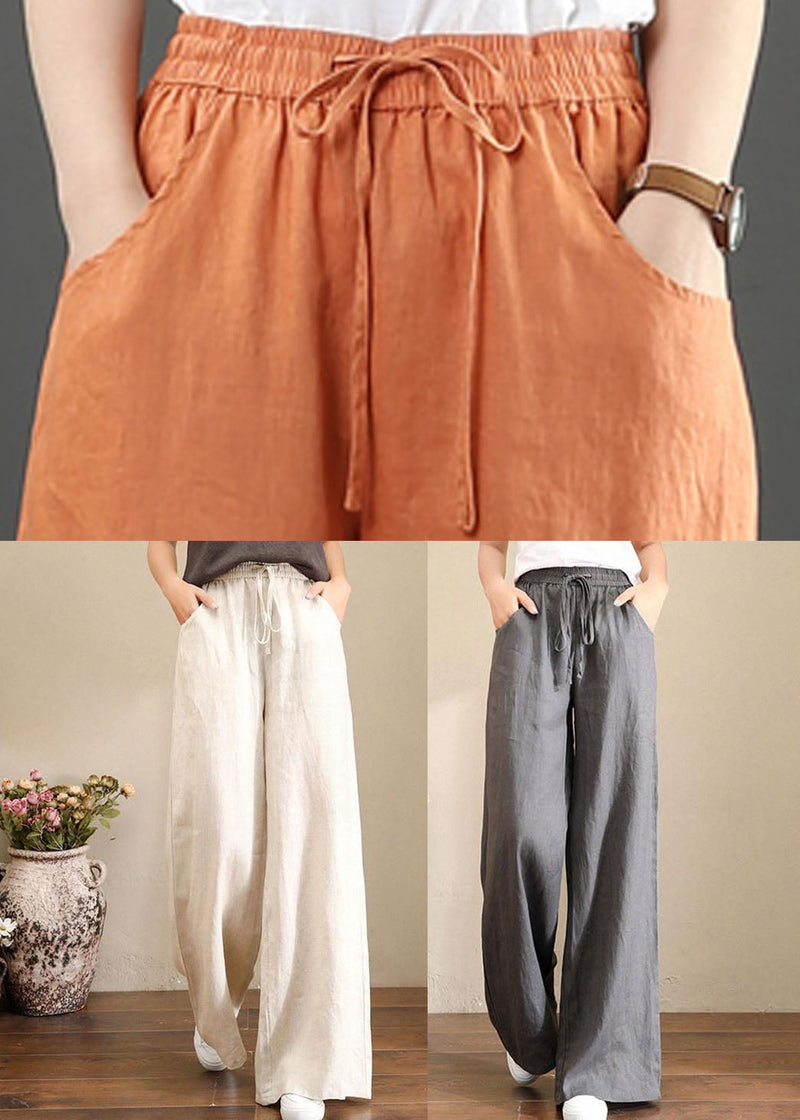 Orange Elastic Waist Linen Straight Pants Color Drawstring Summer