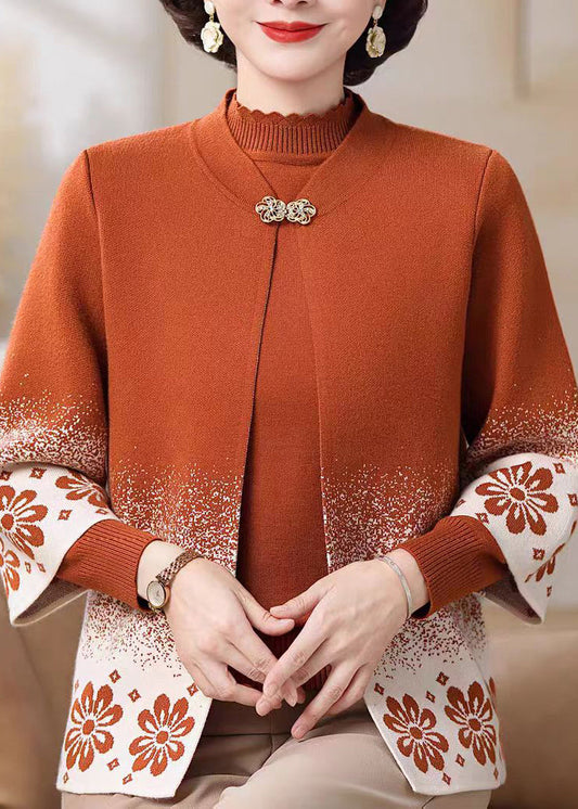Orange Stand Collar Button Cotton Knit Cardigans and Sweater Two-piece Set Fall