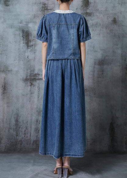Blue V Neck Patchwork Denim Two Pieces Set Fall