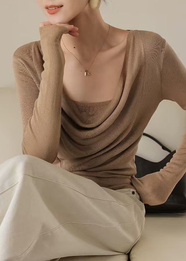 Classy Brown Turtle Neck Silm Fit Knit Top Spring