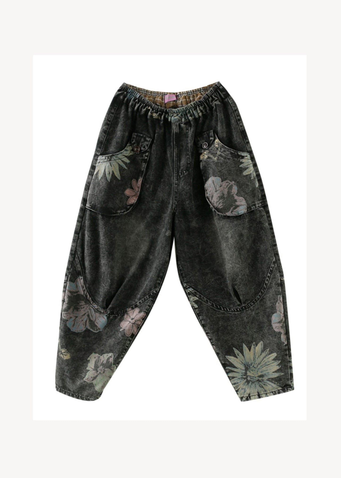 Black Grey Pockets Print Patchwork Denim Pants Fall