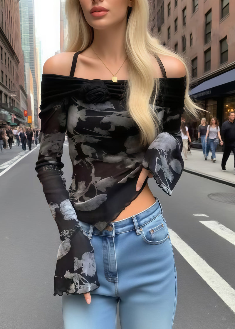 Black Print Flower Decorated Cold Shoulder Tops Summer