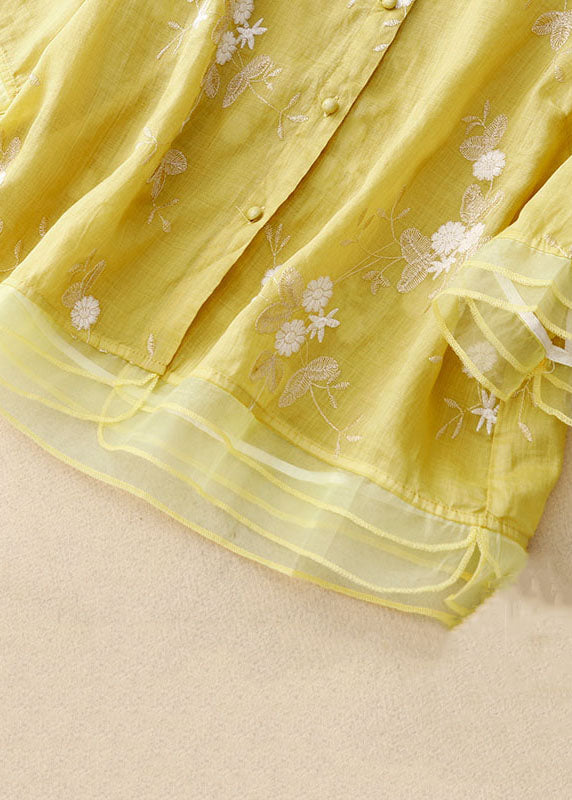 Yellow Stand Collar Embroideried Patchwork Cotton Shirts Bracelet Sleeve