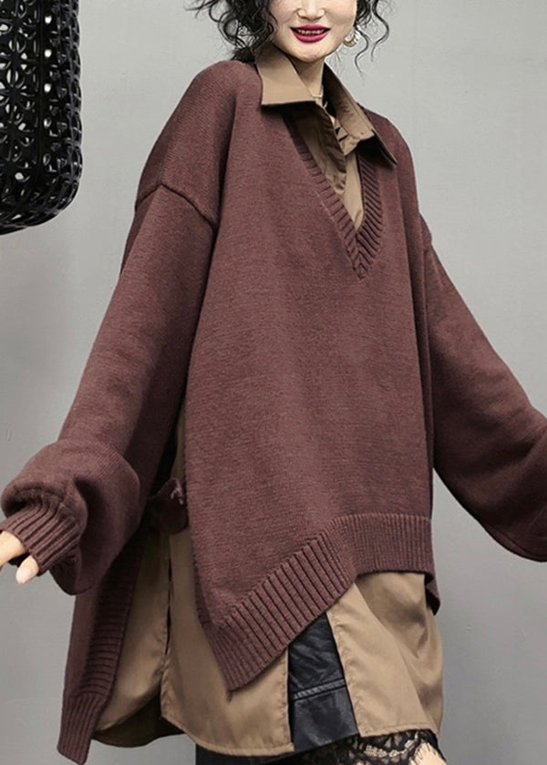 Brown Asymmetrical Patchwork Side Open Knit Dresses Spring