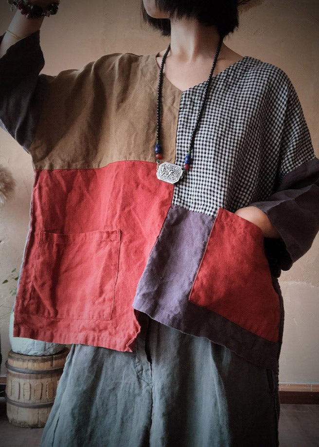 V Neck Pockets Asymmetrical Patchwork Pockets Linen Tops Long Sleeve