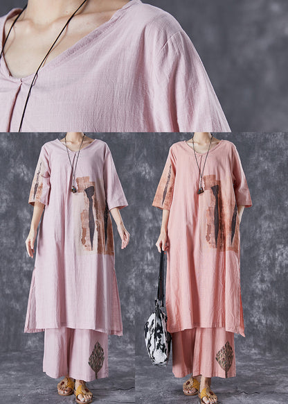 Italian Pink Oversized Print Linen Dress and Pants Sets 2 Pieces Summer