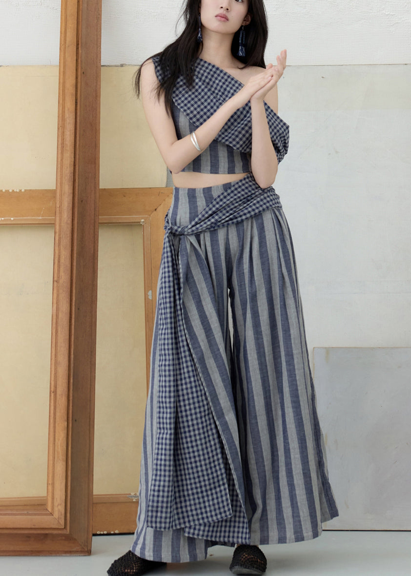 One Shoulder Striped Top and Wide Leg Pants Two Pieces Set Summer