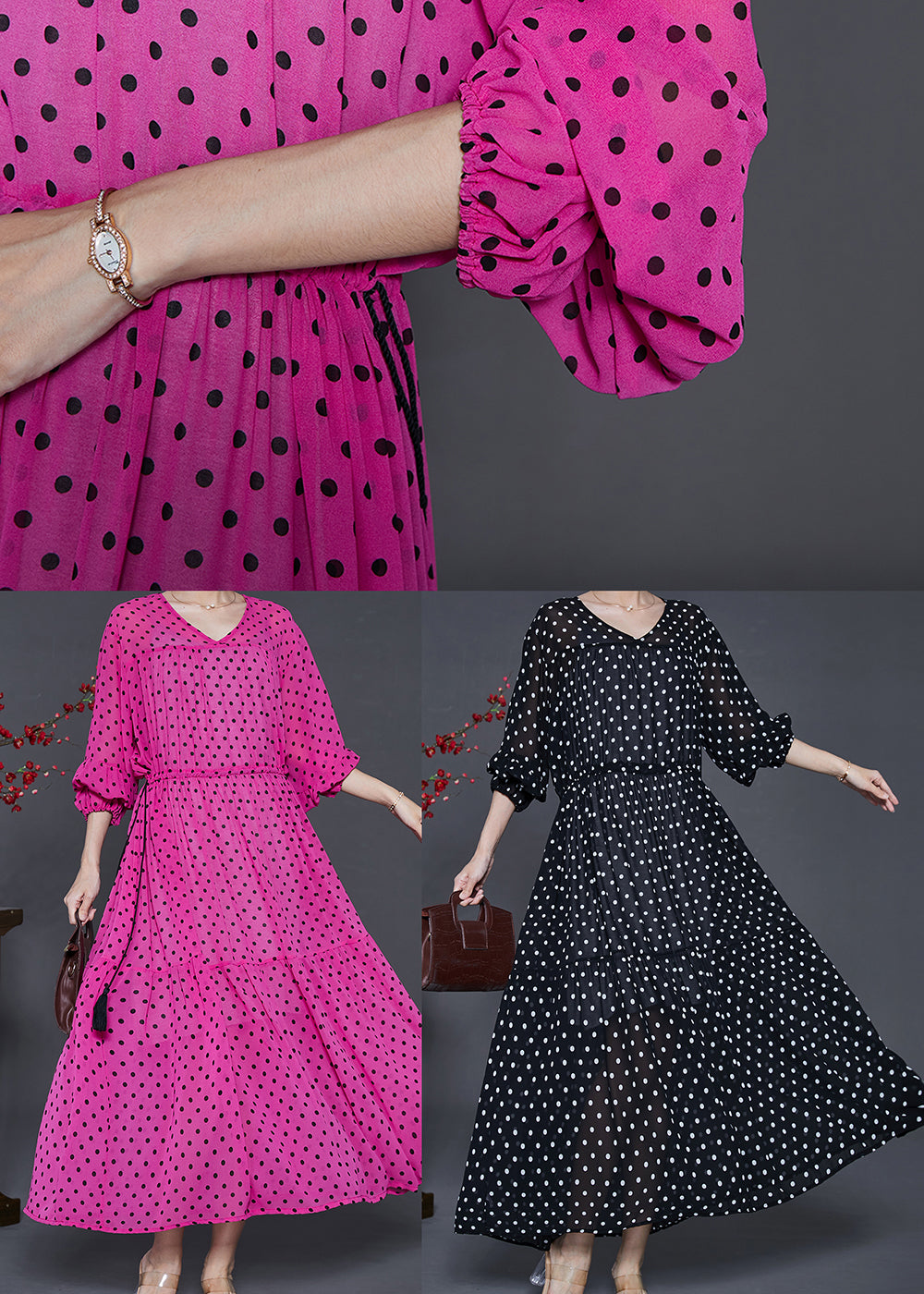 Black Print Chiffon Dresses Drawstring Exra Large Hem Summer