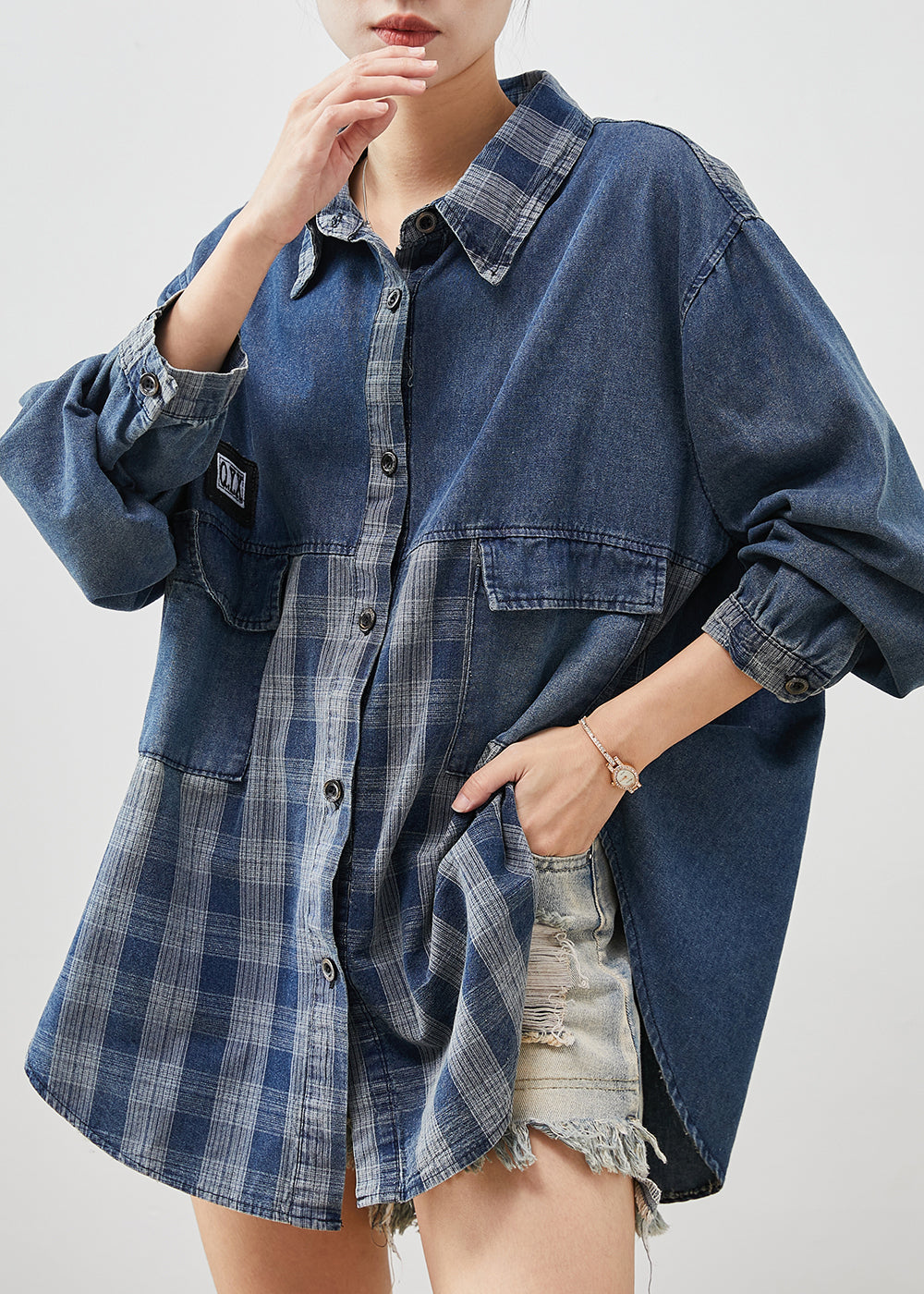 Diy Blue Oversized Patchwork Plaid Denim Coats Spring