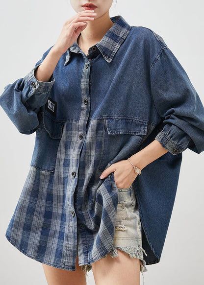 Diy Blue Oversized Patchwork Plaid Denim Coats Spring