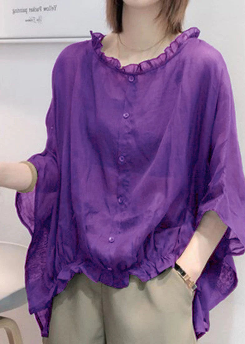 Black Tops Ruffles Trim Half Sleeve Shirts Blouse