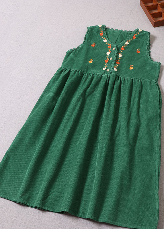 Green Embroideried Patchwork Corduroy Vacation Dresses Sleeveless