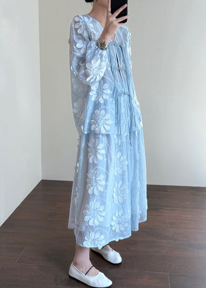 Blue Chinese Button Shirts and Skirts Silk Two-piece Set Fall