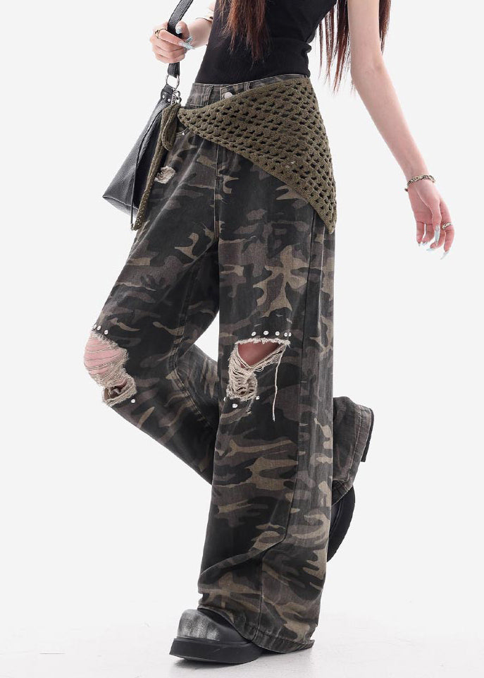 Camouflage Hole Pockets Patchwork Denim Pants Fall