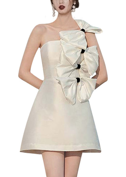 White Bow Silk Mid Dress Sleeveless