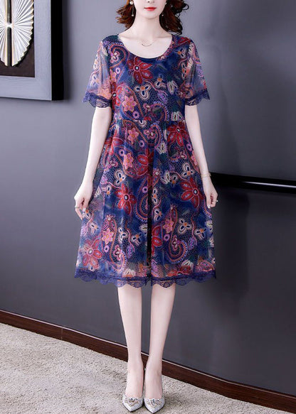 Blue O Neck Print Patchwork Tulle Dresses Summer