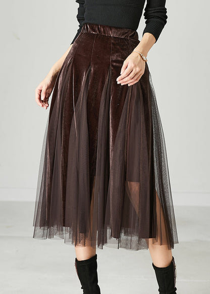 Brown Exra Large Hem Patchwork Tulle Silk Velvet Skirts Spring