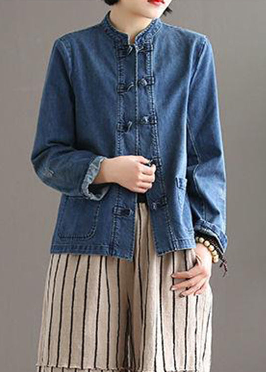 Blue Stand Collar Patchwork Button Pockets Cotton Denim Coat Long Sleeve