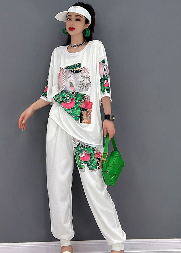Handmade White O-neck Elephant Print Cotton Sweatshirt Two Pieces Set Short Sleeve