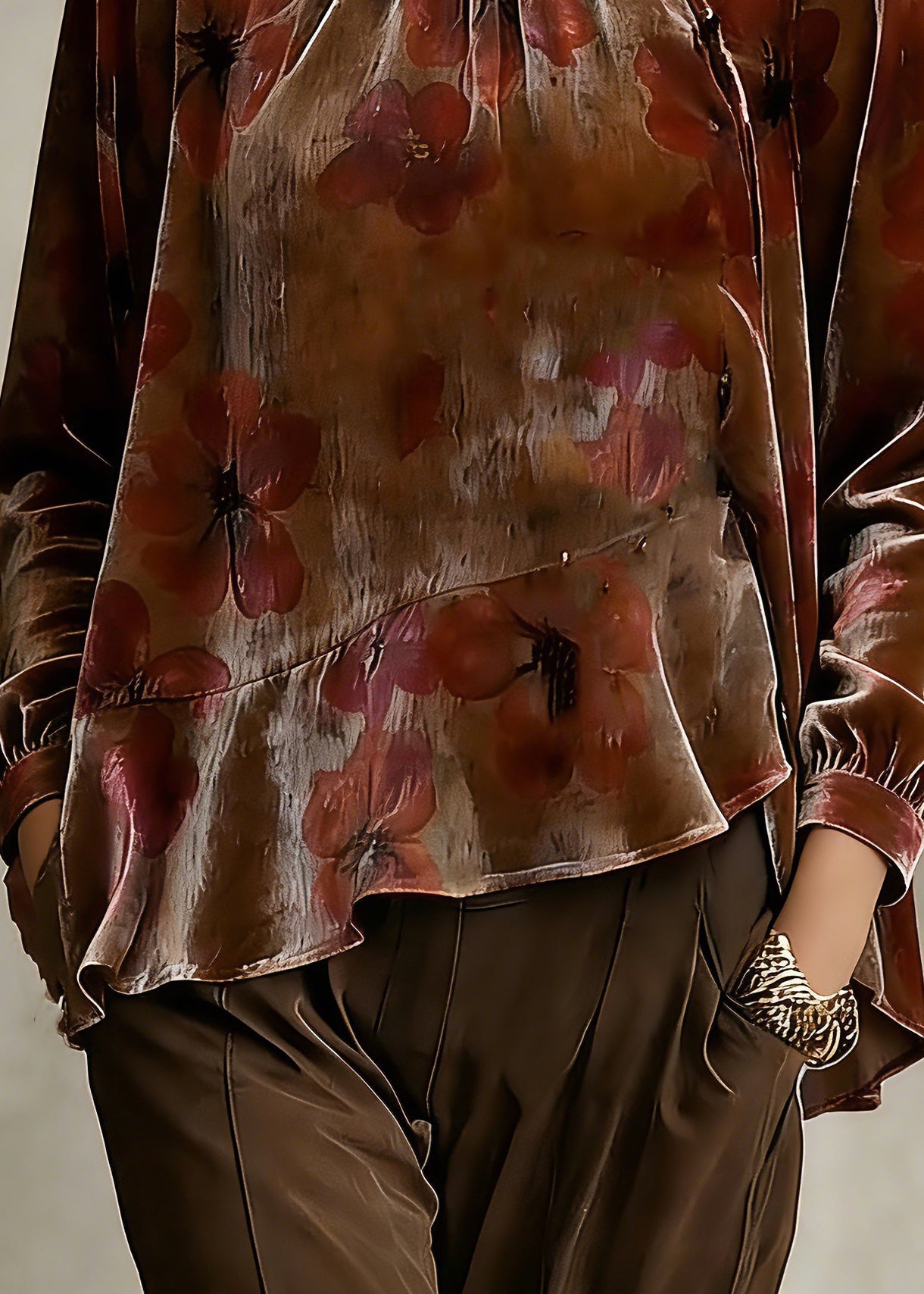 Loose Stand Collar Asymmetrical Ruffled Silk Velour Shirt Spring