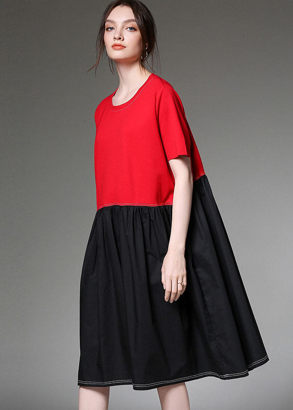 Colorblock O Neck Patchwork Cotton Dress Half Sleeve