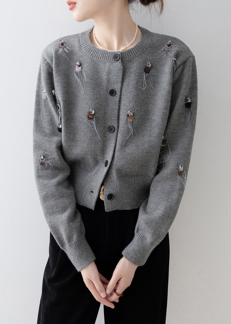 Boutique Grey O Neck Sequins Knit Cardigan Spring