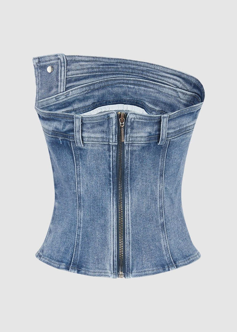 Blue Patchwork Cold Shoulder Denim Top Sleeveless