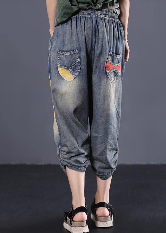 Blue Cotton New Patchwork Pants Loose Cinched Jeans