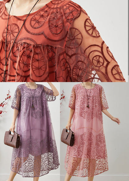 Brick Red Oversized Tulle Long Dresses Embroidered Summer