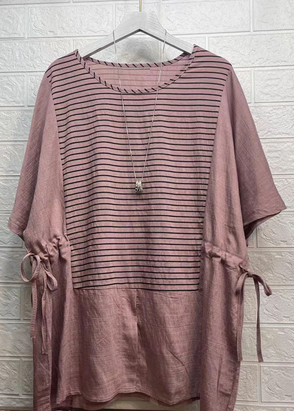 Rubber Red Striped Drawstring Patchwork Cotton Tops Summer