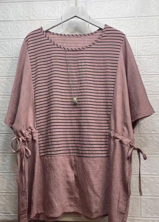 Rubber Red Striped Drawstring Patchwork Cotton Tops Summer