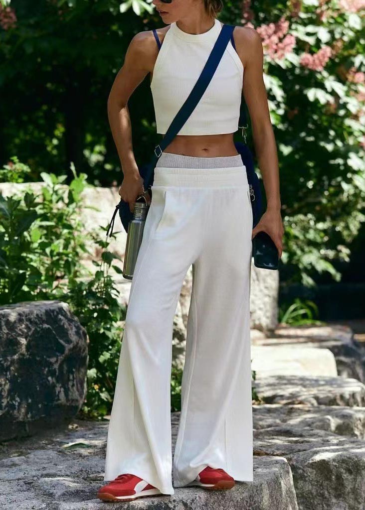 French White Silm Fit Cotton Tops and Straight Pants Two Pieces Set Summer