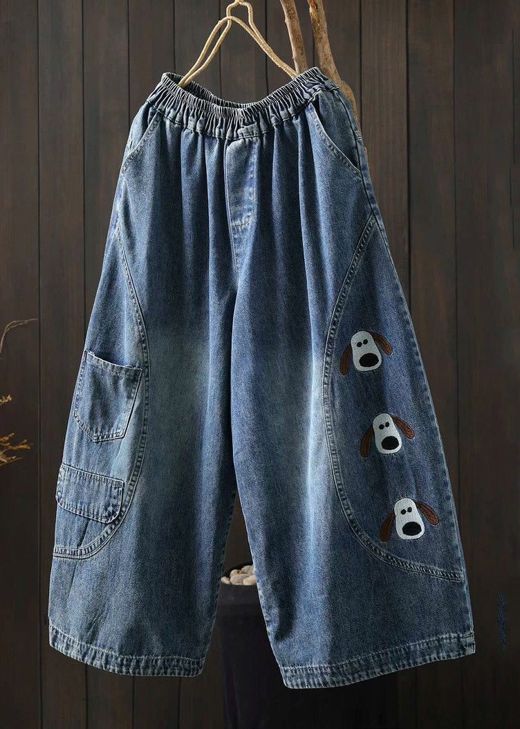 Blue Elastic Waist Pockets Print Crop Jeans