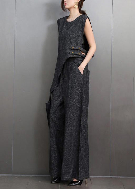 French Navy Asymmetrical Design Denim Two-piece Set Sleeveless