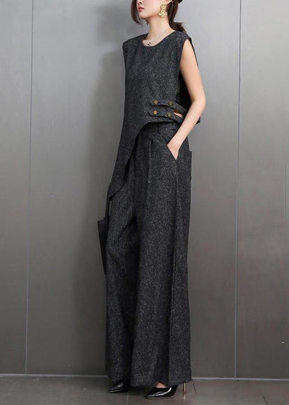 French Navy Asymmetrical Design Denim Two-piece Set Sleeveless