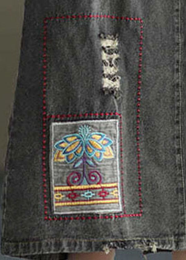 Black Side Open Embroideried Pockets Cotton Denim Ripped Skirt Summer
