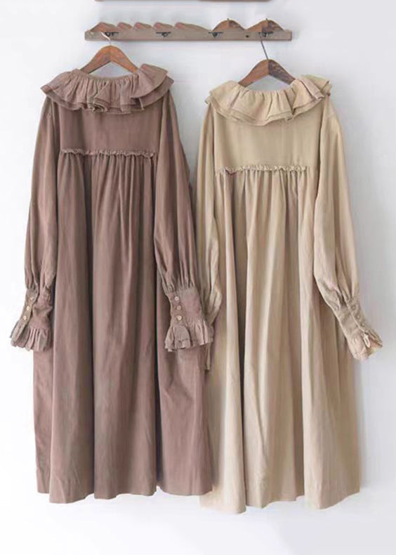Khaki Ruffled Button Corduroy Long Dresses Spring