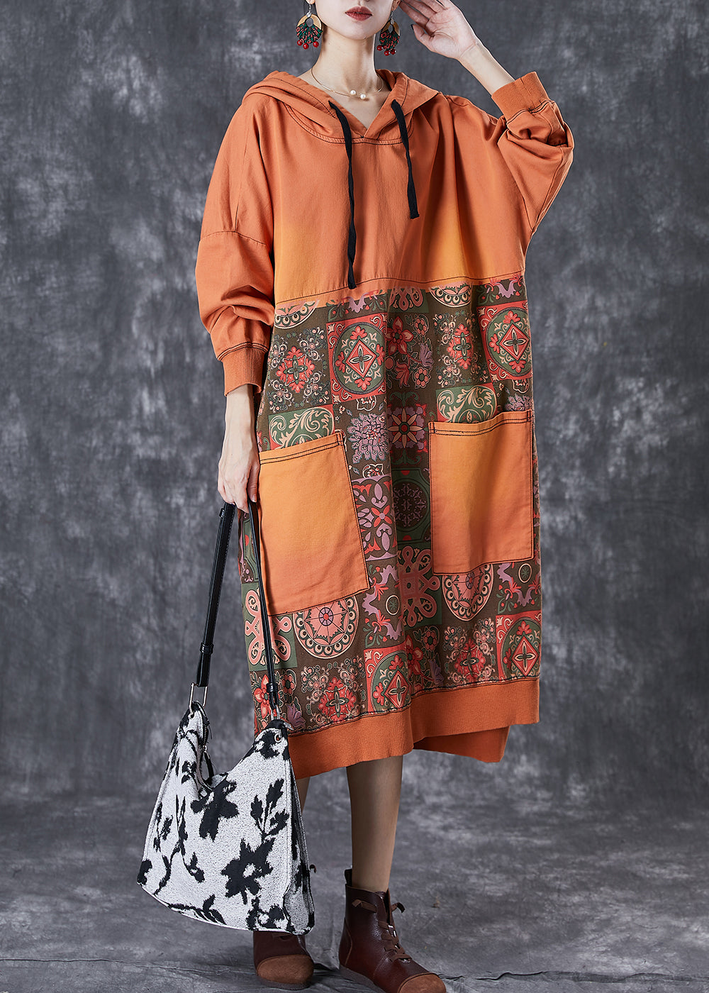 Orange Oversized Patchwork Cotton Pullover Sweatshirt Dress Fall