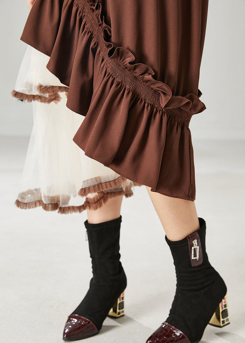 Brown Asymmetrical Patchwork Ruffled Tulle Skirts Spring