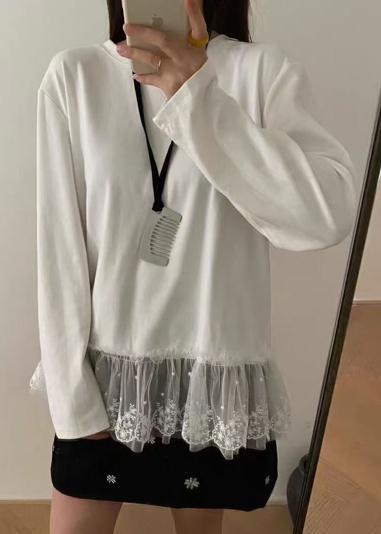 White O Neck Lace Patchwork Cotton T Shirts Top Spring