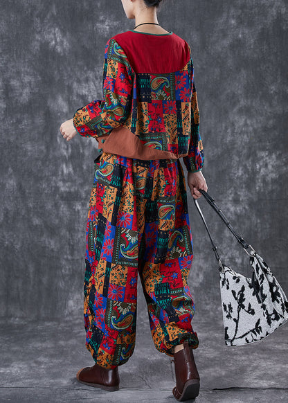 Red Print Patchwork Cotton Two-piece Set Fall