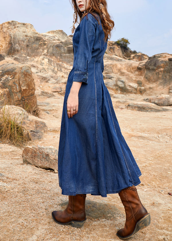 Blue Turtleneck Asymmetrical Tulle Patchwork Long Denim Dress Spring