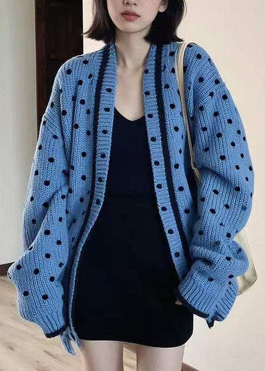 Blue V Neck Dot Knitted Cotton Cardigans Fall