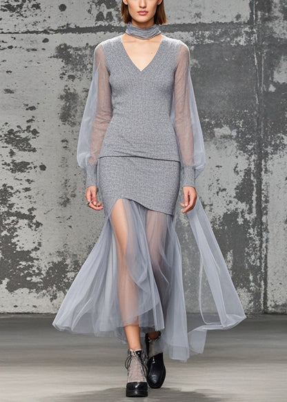 Grey V Neck Patchwork Tulle Knitwear Dress Fall